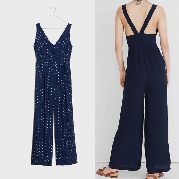 Madewell Pants - NWT Madewell Jumpsuit Polka Dot V-Back Wide-Leg Navy Blue Size 0 (Small) Coastal